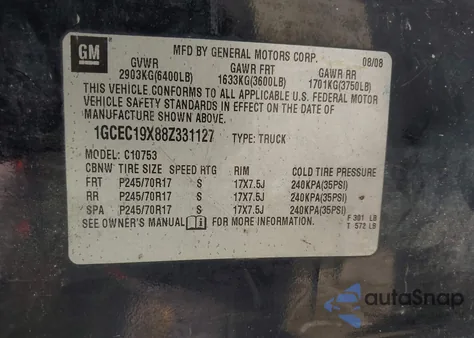 2008 Chevrolet Silverado 1500 Work Truck z USA, uszkodzony, nr VIN 1GCEC19X88Z331127